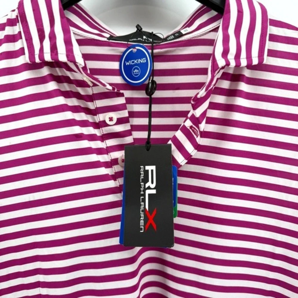 NEW RLX Ralph Lauren Mens XL Golf Performance Moisture Wicking Pink White Stripe